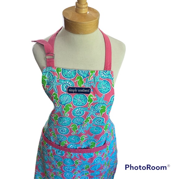 Simply Southern Bib Apron Tie back adjustable at neck Pink Blue Green Seashell - Picture 4 of 9